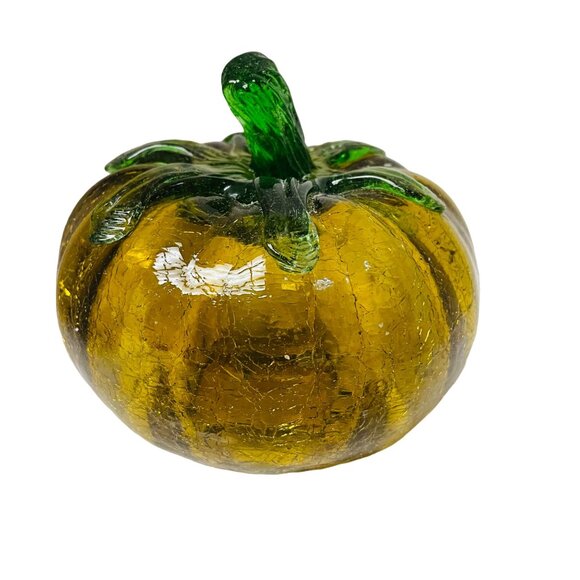 Hand-Blown Glass Pumpkin Decor Green & Amber 5" Tall - Picture 1 of 5